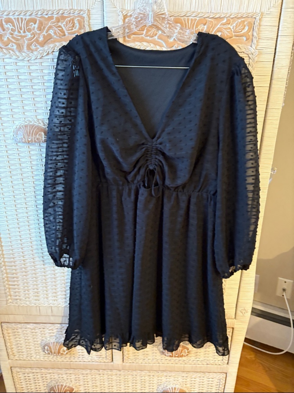 SHEIN Black Swiss Dot V-Neck Tie-Front Mini Dress